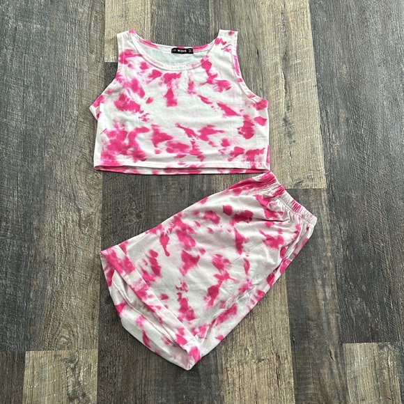 Shein Tie Dye 2 Piece Set Cropped Outfit Tank Top Shorts Pink White Women Small - Picture 2 of 11
